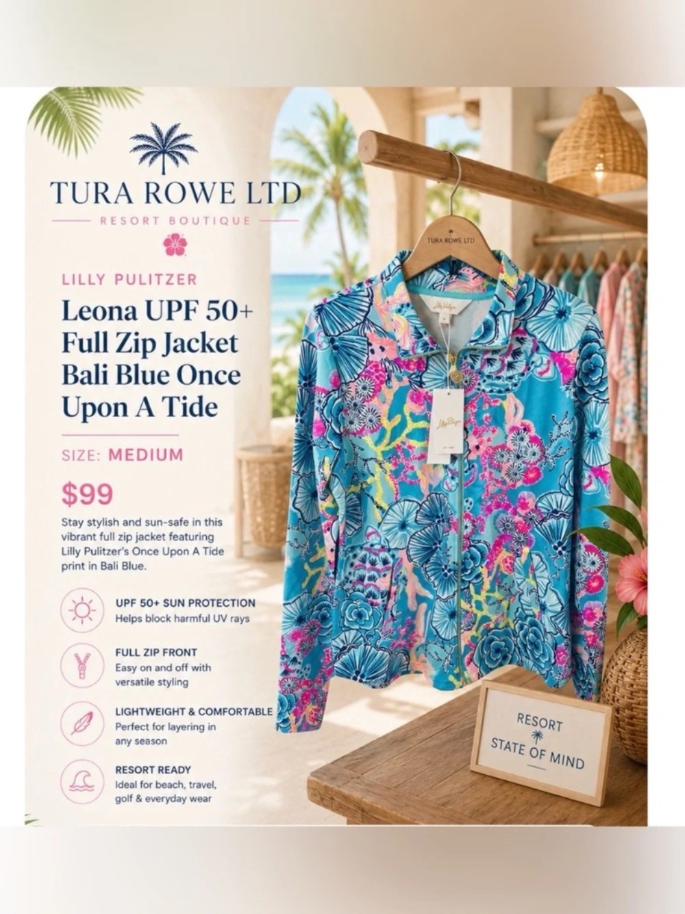 Lilly Pulitzer Leona UPF 50+ Zip Up Jacket Bali Blue Once Upon A Tide Size M